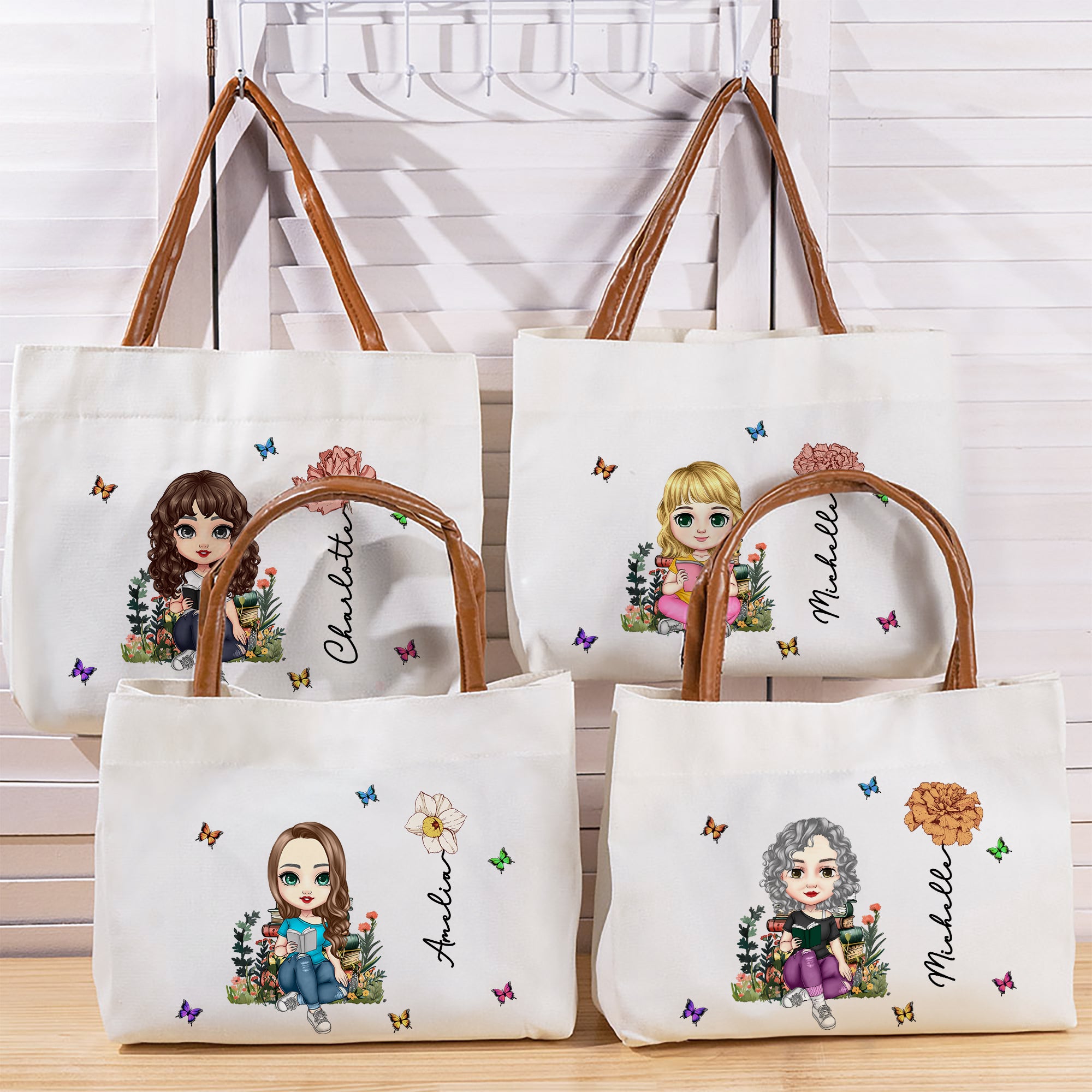 Personalizada de dibujos animados de lectura de caracteres de nacimiento de flores Bolsa de lona con nombre y cremallera de cumpleaños Aniversario de regalo para las mujeres niñas