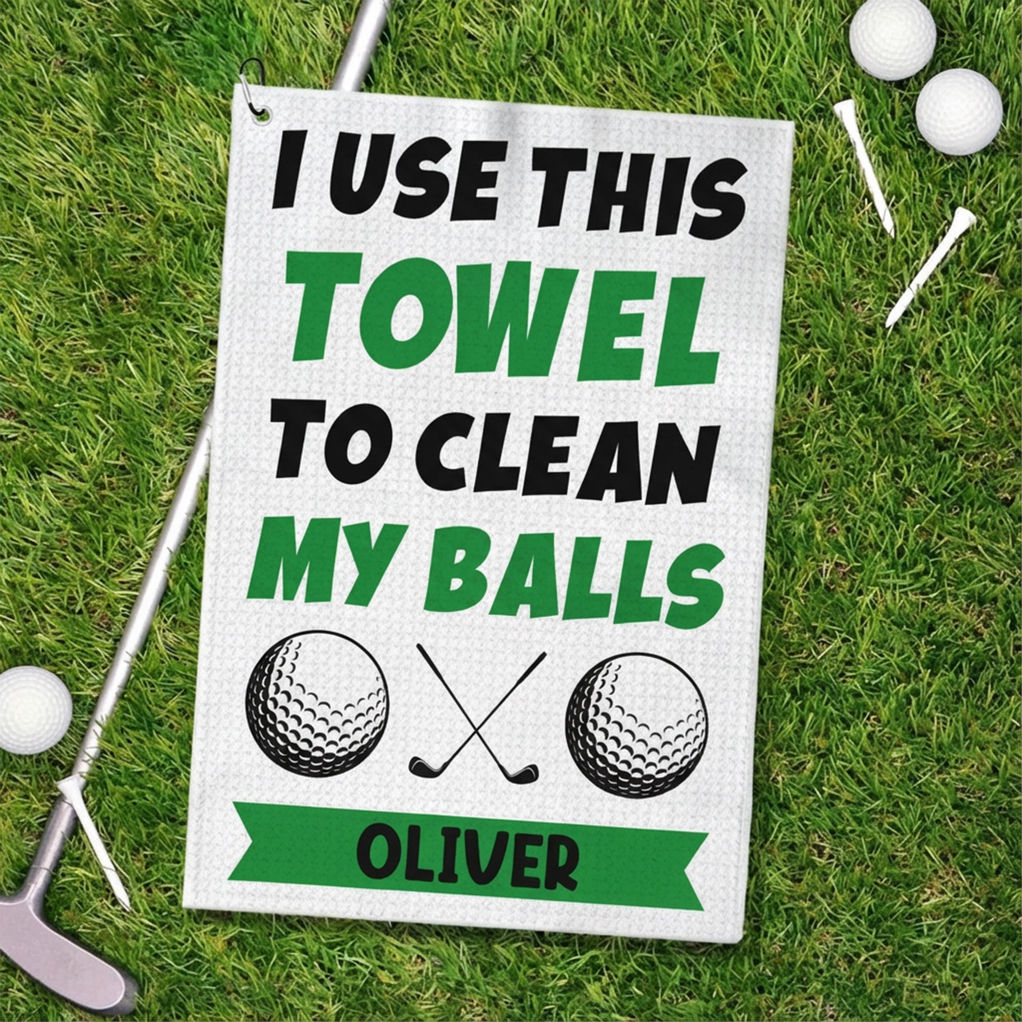 Toalla de golf personalizada I Use This Towel Classic Quick Dry Waffle con nombre y mosquetón Accesorio de golf Regalo de cumpleaños para jugador de golf
