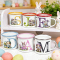 Personalizado lindo conejo de Pascua Flor Inicial 12 oz borde de color taza de esmalte con el nombre de Pascua Regalo para Niños Niñas