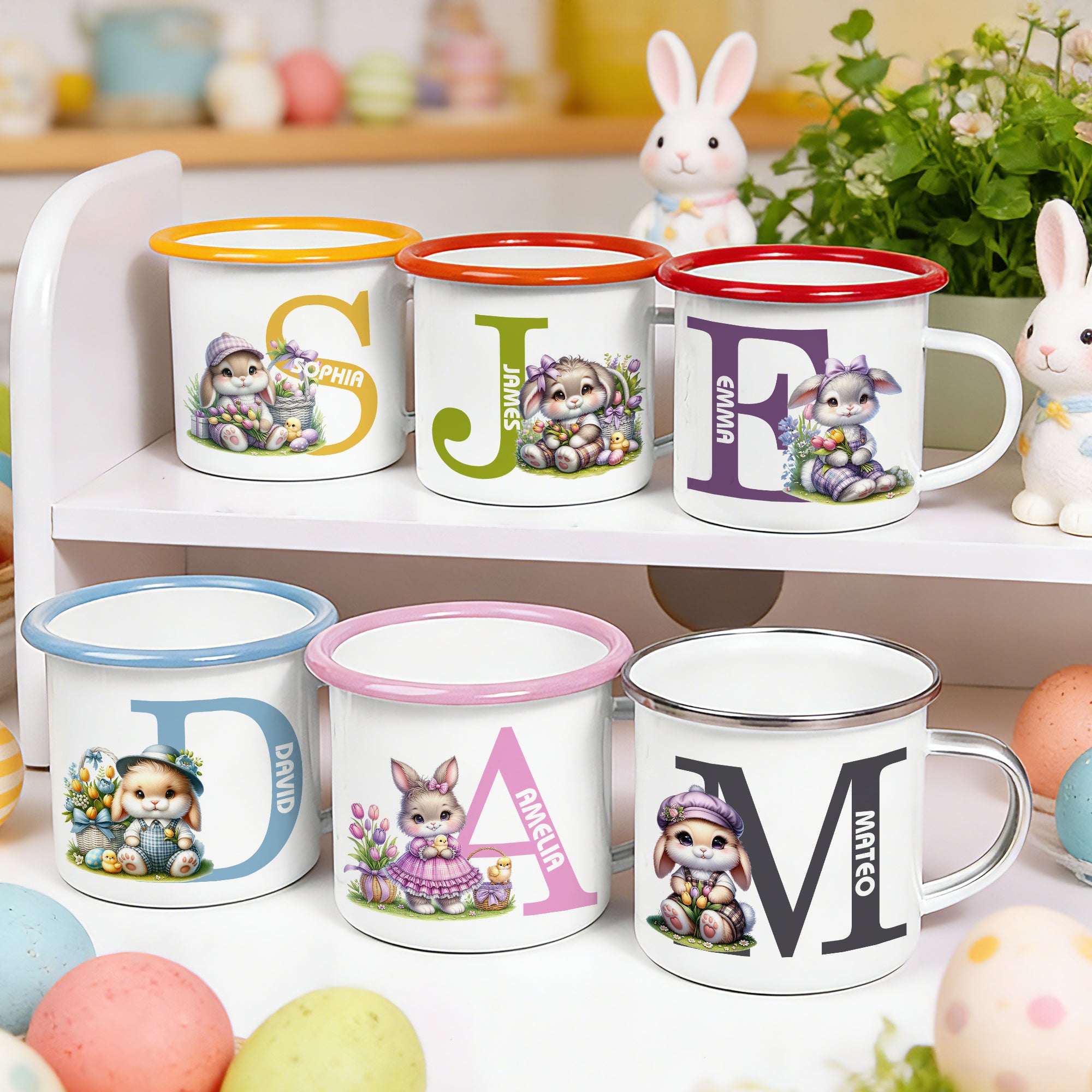 Personalizado lindo conejo de Pascua Flor Inicial 12 oz borde de color taza de esmalte con el nombre de Pascua Regalo para Niños Niñas