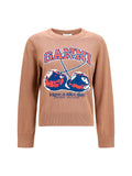 Ganni Cherry-Print Cotton Sweater — Camel