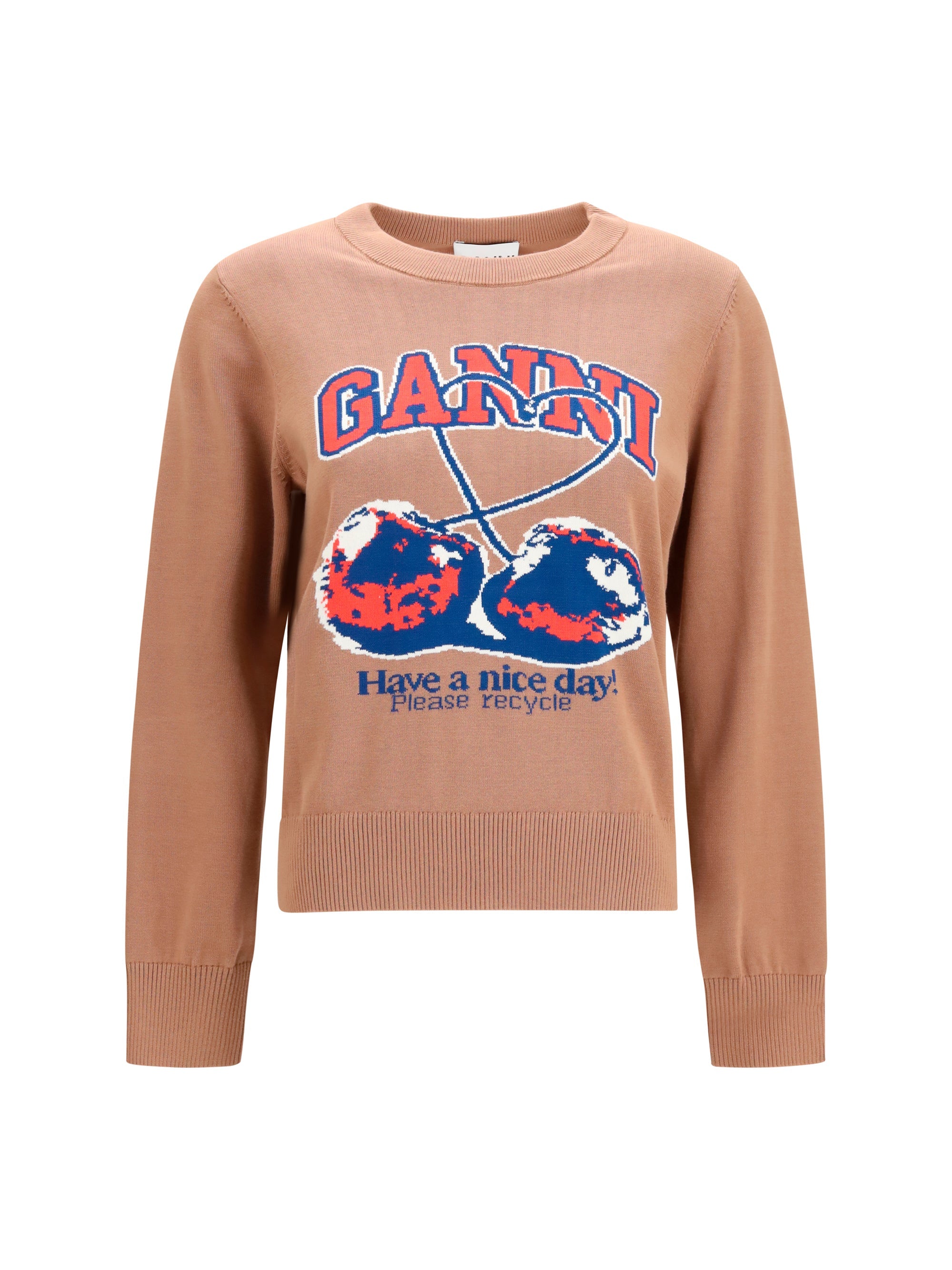 Ganni Cherry-Print Cotton Sweater — Camel