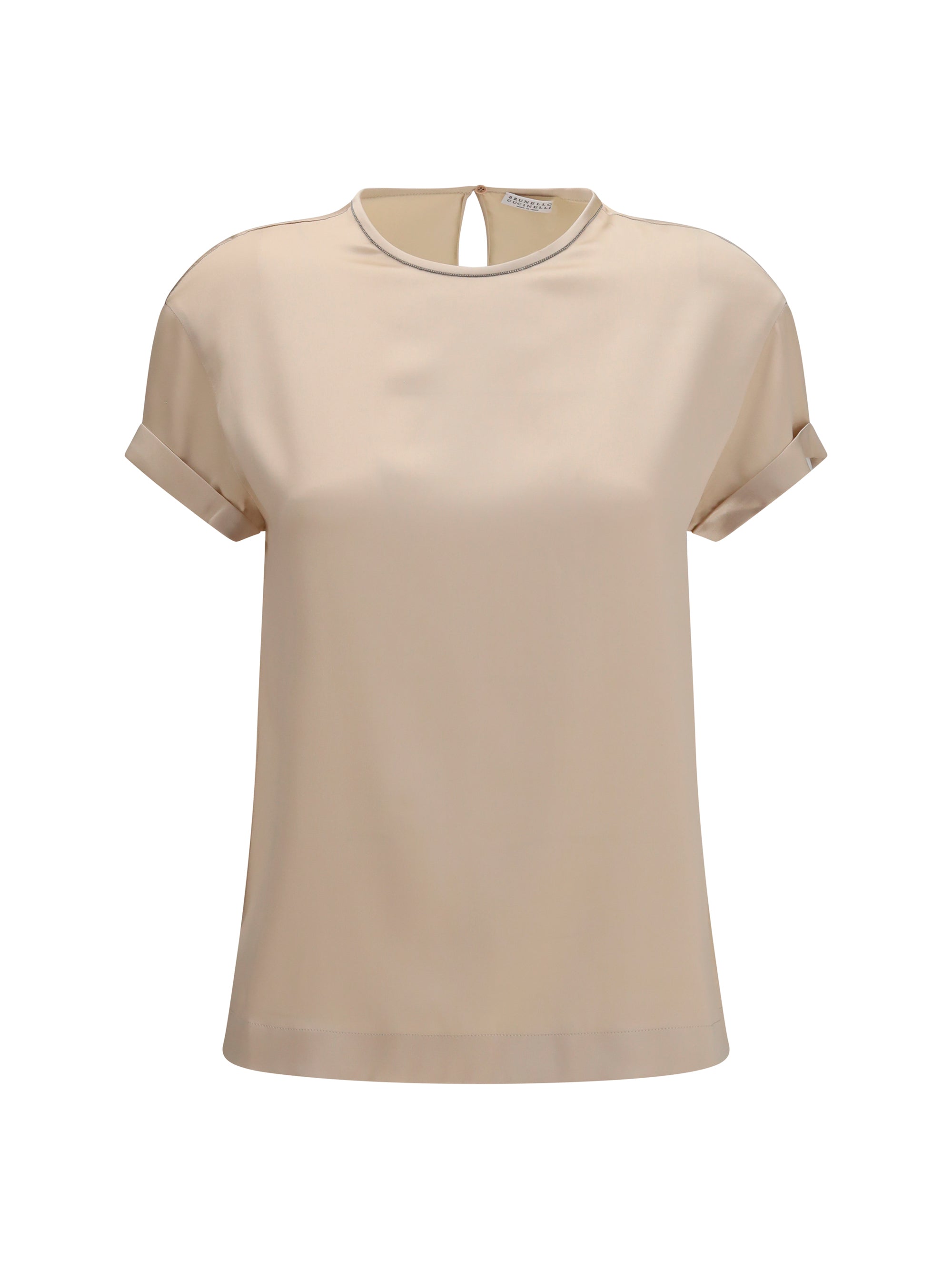 Brunello Cucinelli Silk Monili Chain-Embellished Blouse — Beige