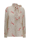 Valentino Polka-Dot Bow-Neck Silk Shirt — Beige