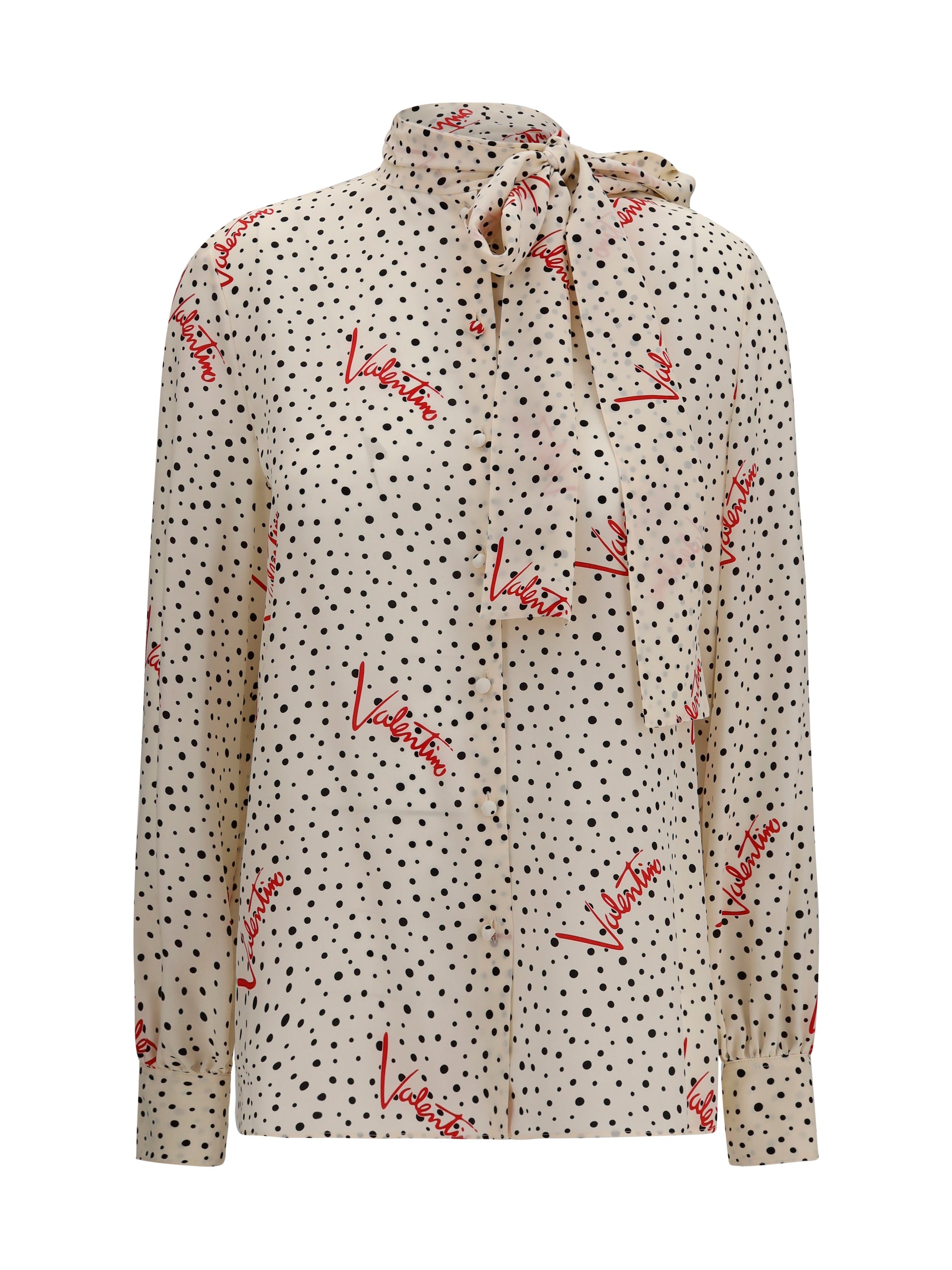 Valentino Polka-Dot Bow-Neck Silk Shirt — Beige