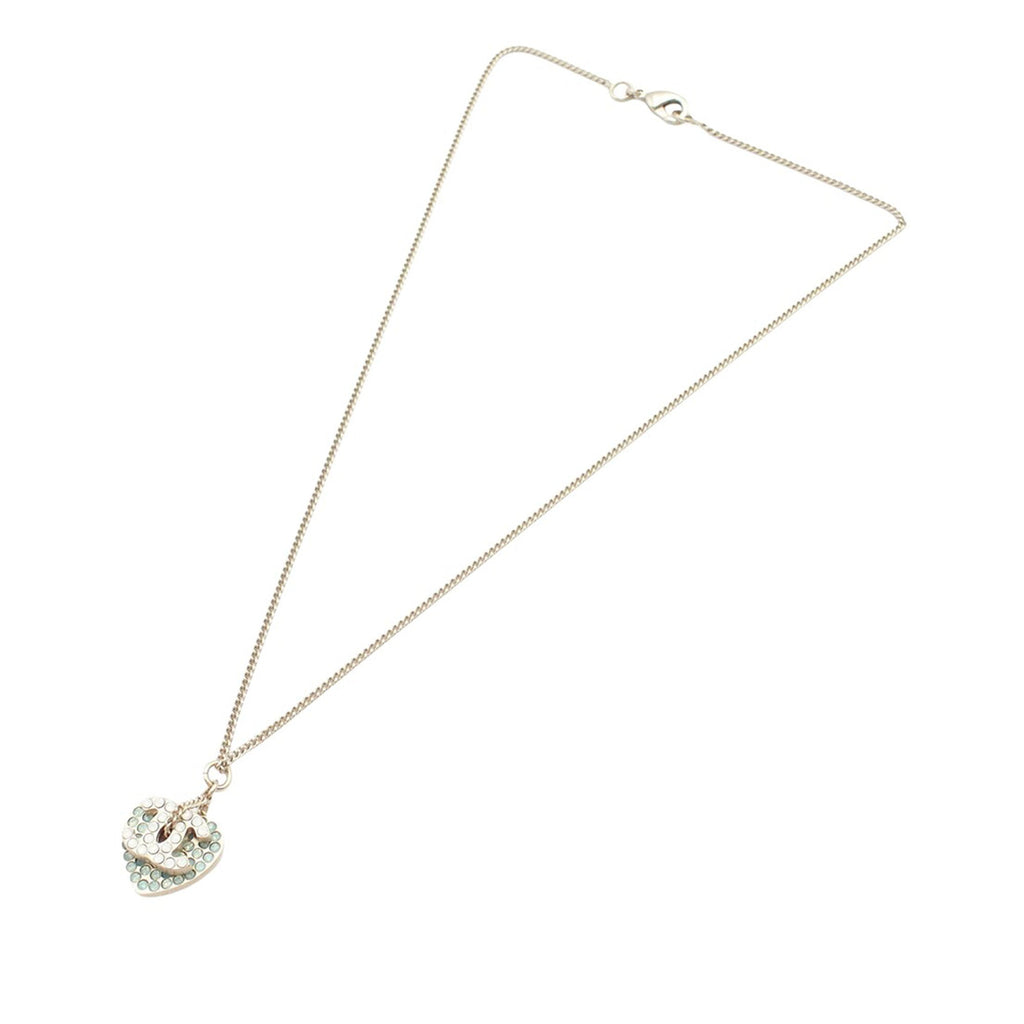 Gold Plated Rhinestone CC Logo and Heart Pendant Necklace