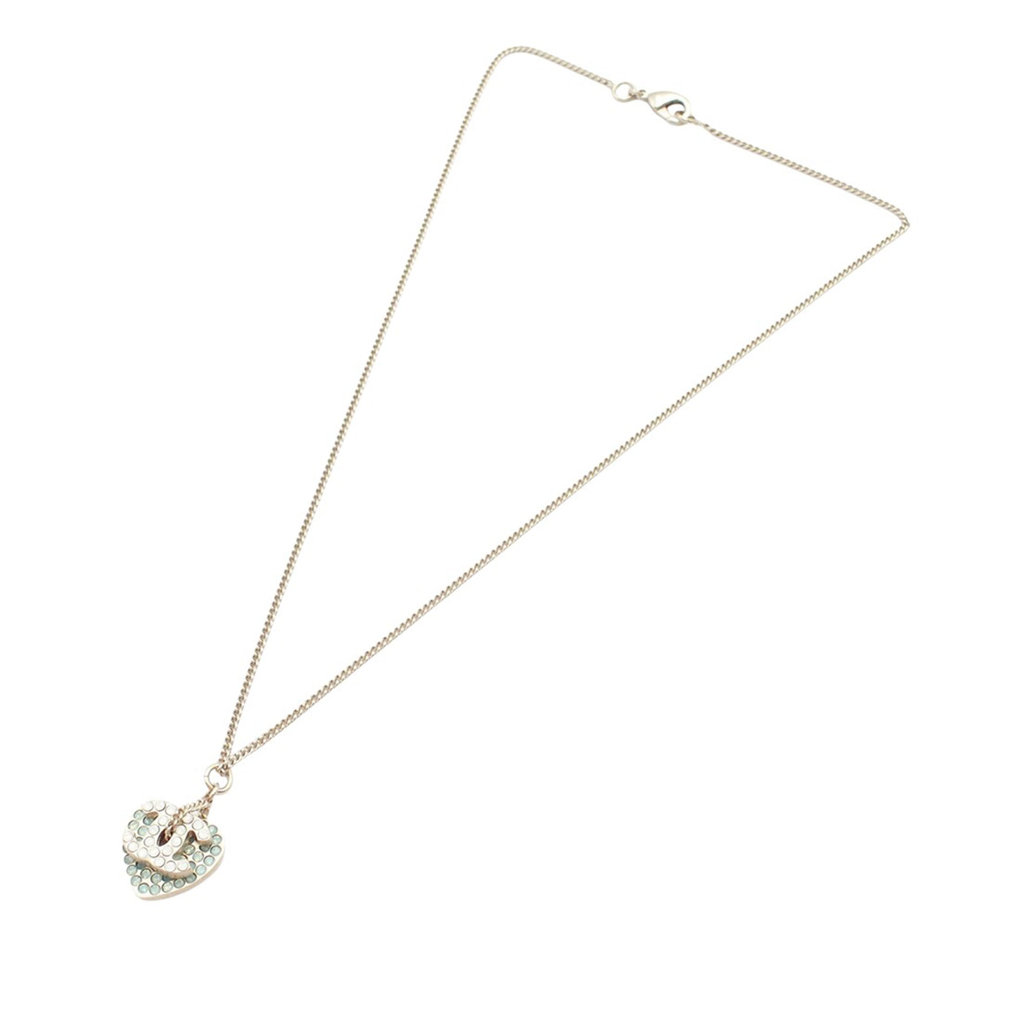 Gold Plated Rhinestone CC Logo and Heart Pendant Necklace