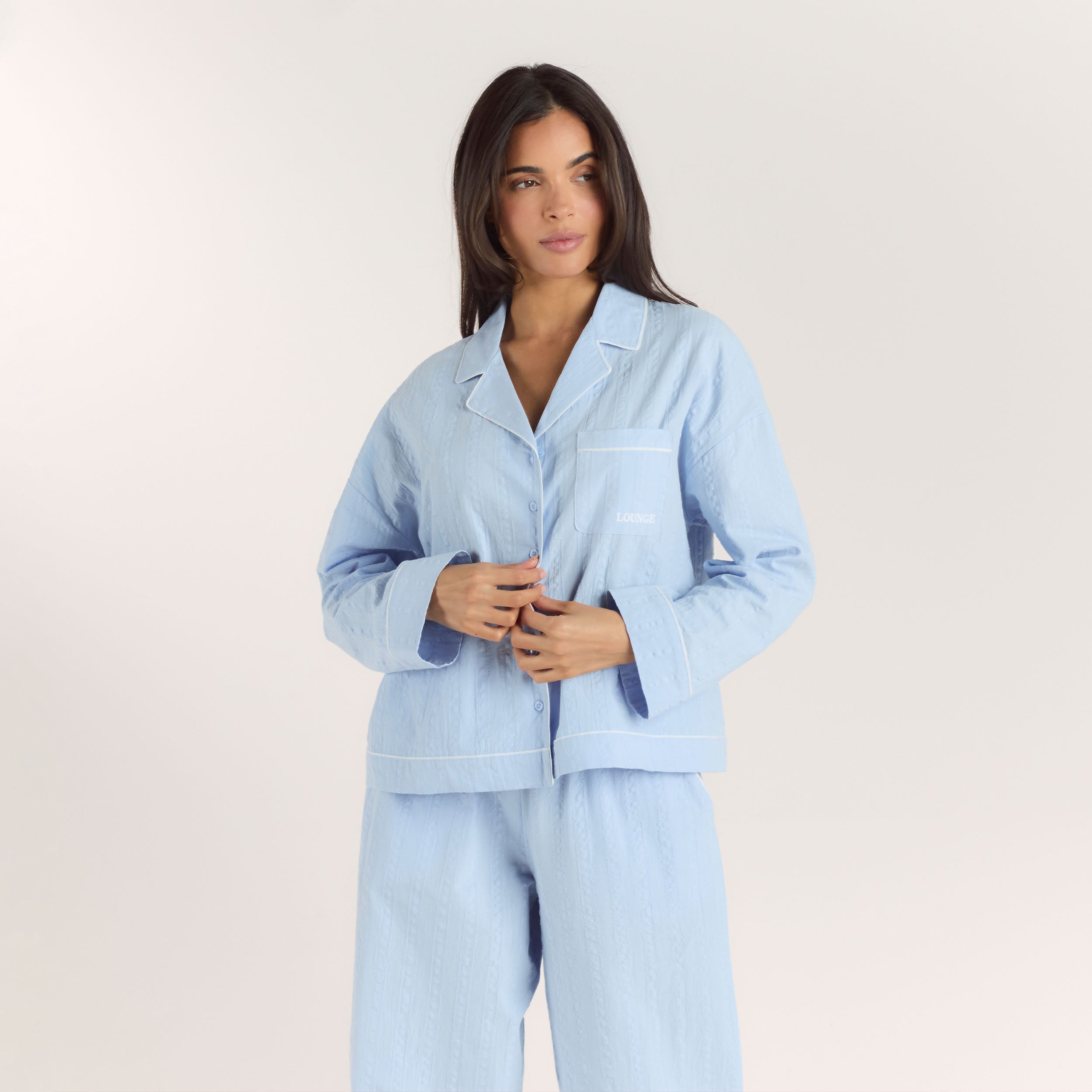 Lounge Underwear Textured Cotton Pyjama Shirt - Blue