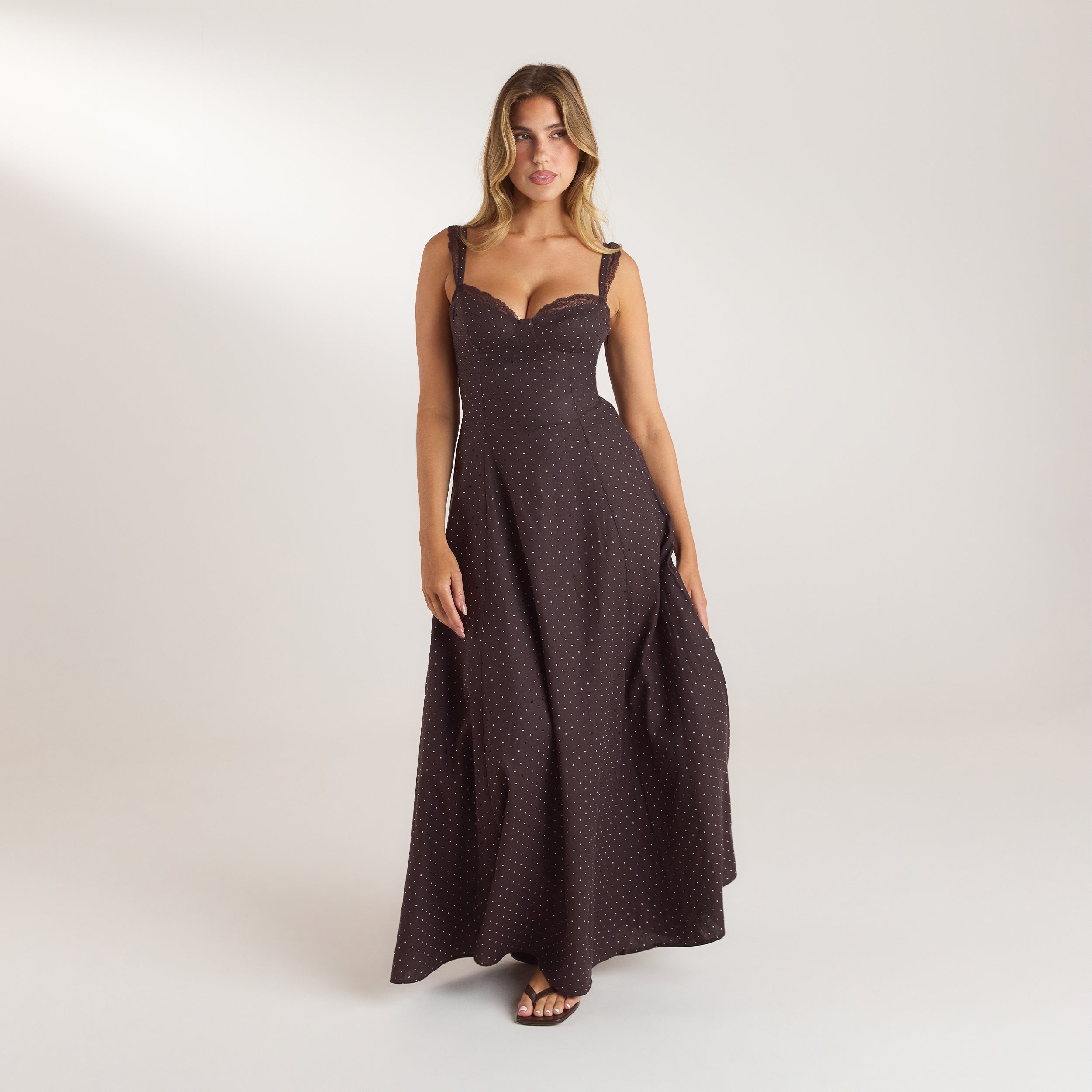 Lounge Underwear Lace Trim Maxi Dress - Chocolate Polka Dot