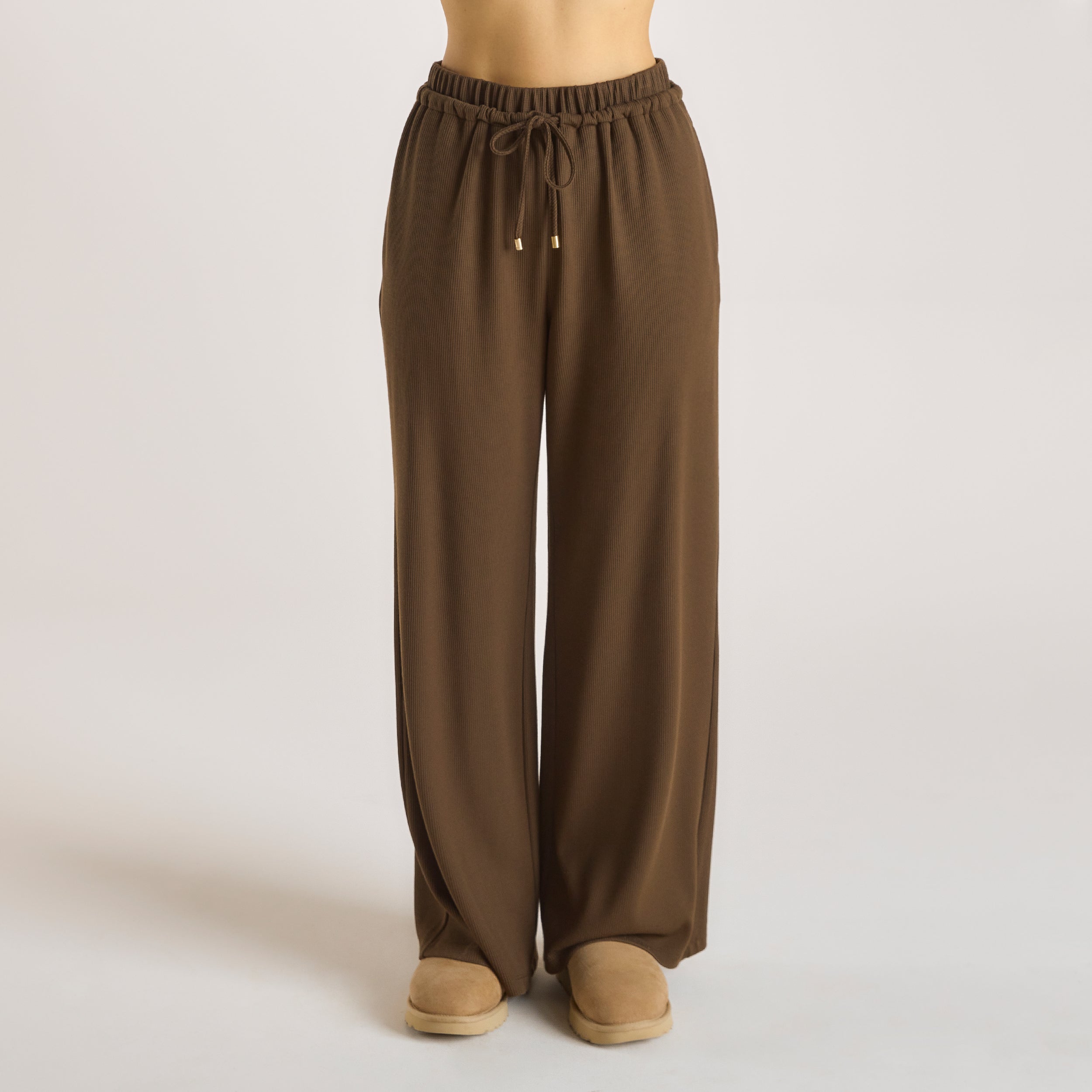 Lounge Underwear Waffle Wide Leg Trousers - Chocolate