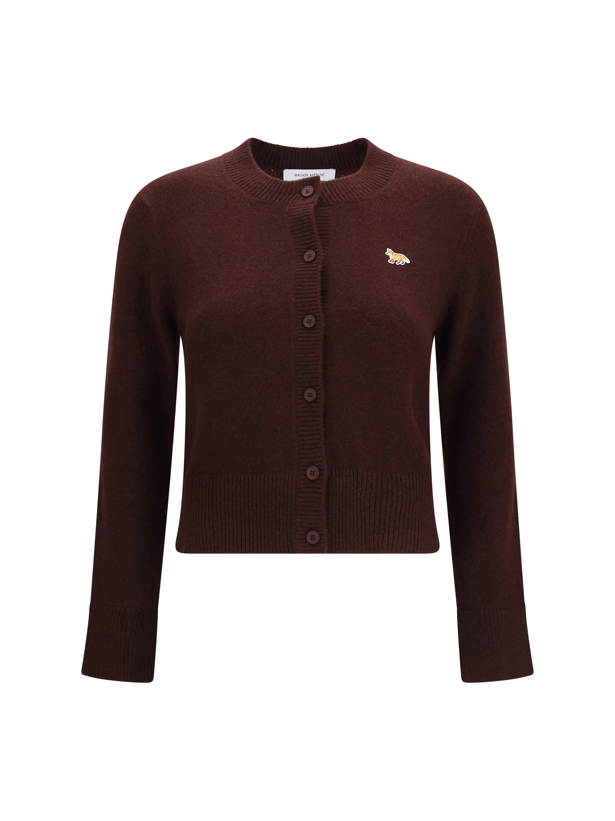Maison Kitsuné Embroidered Fox Patch Merino Wool Cardigan — Brown