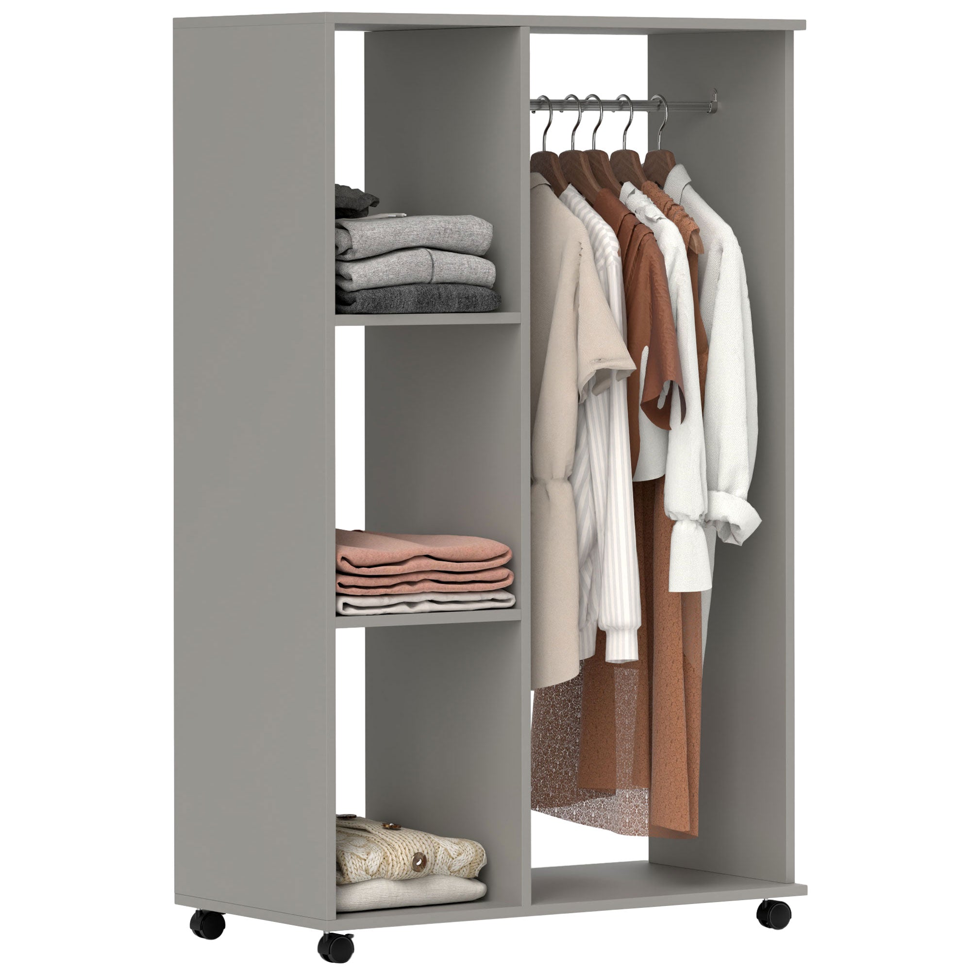 Open Wardrobe on Wheels, Small Wardrobe with Clothes Rail, 3 Storage Shelves, Grey