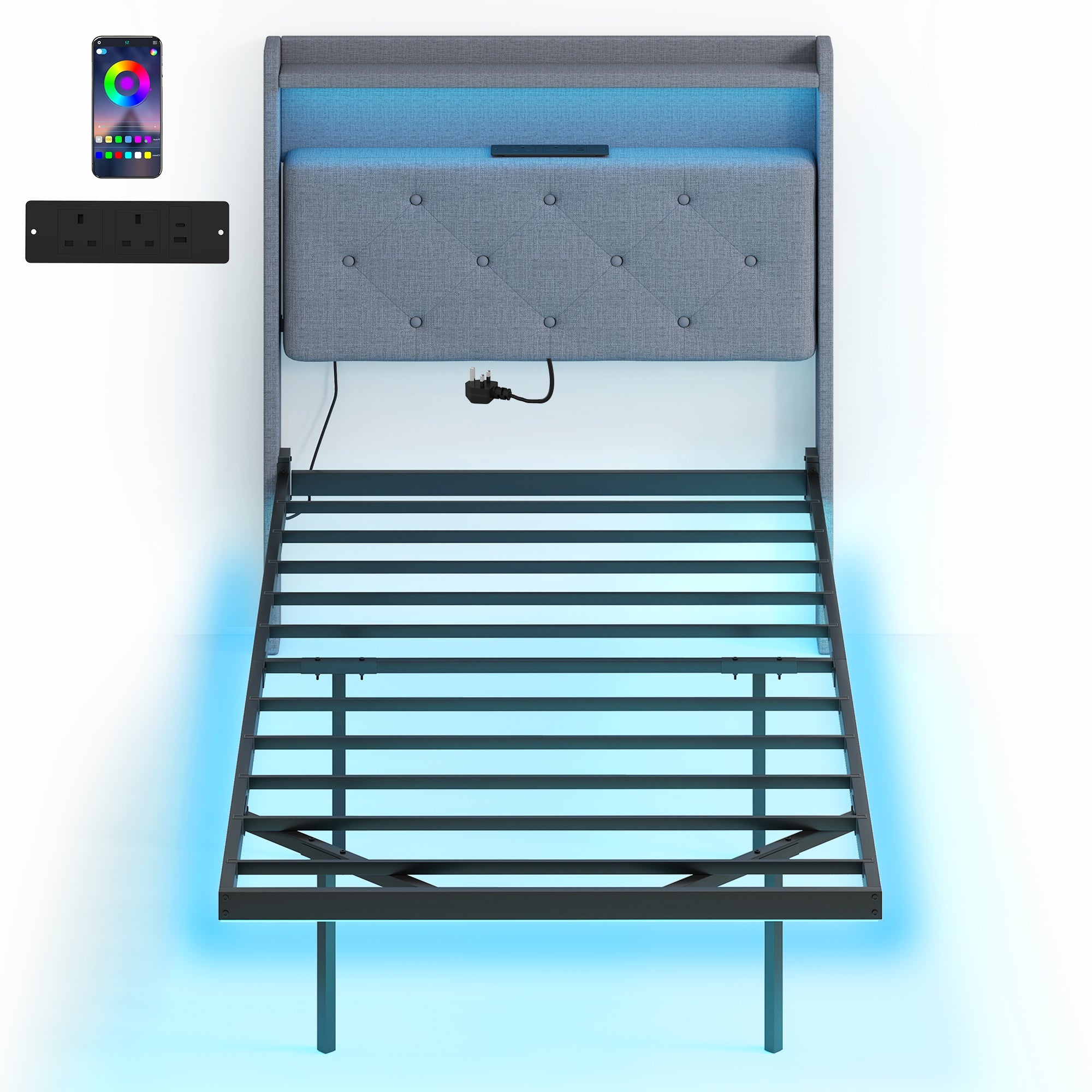 3ft Single Size Bed Frame with Music Sync RGB LED Lights and Charging Station, Grey