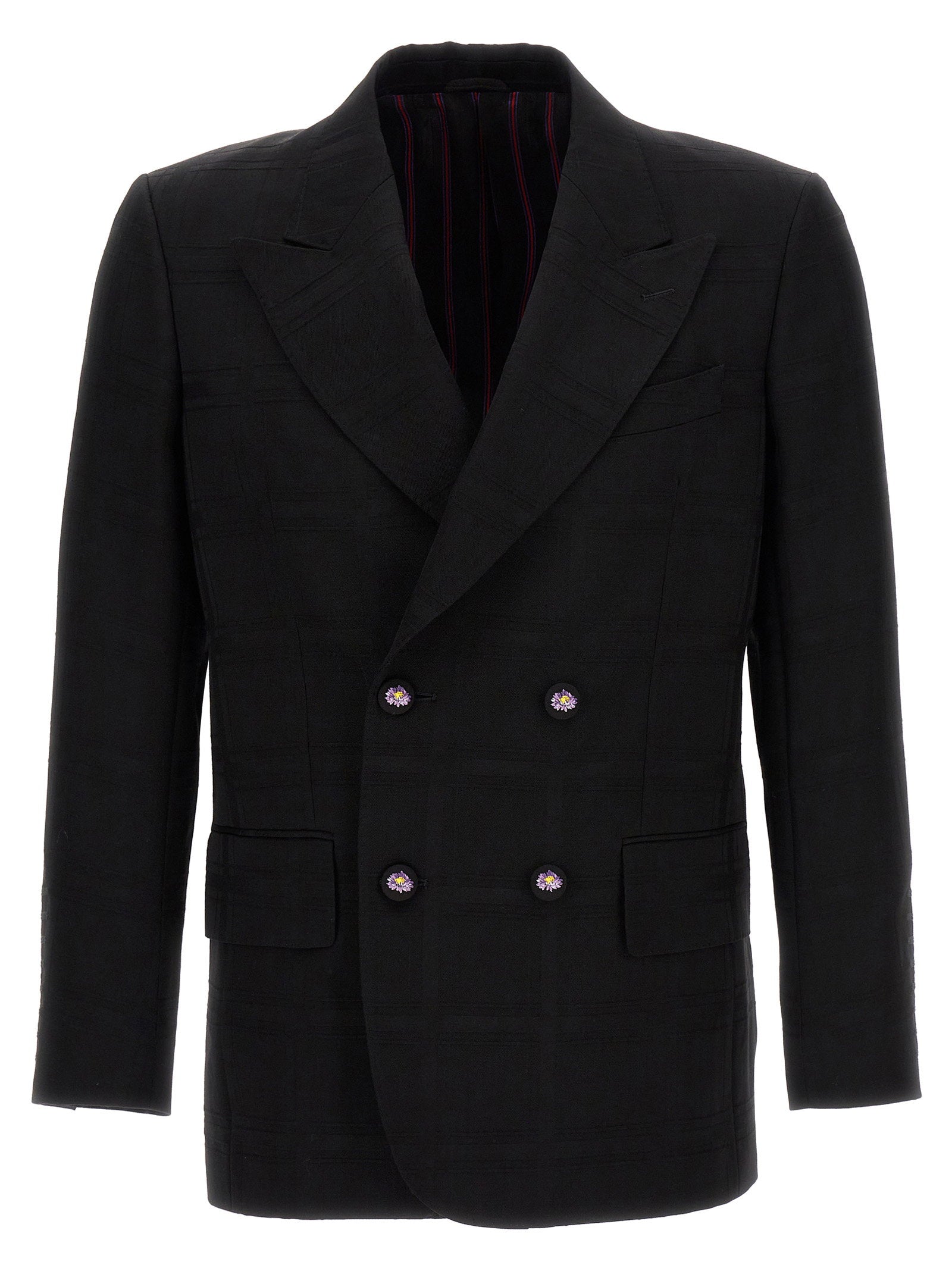 Etro Check Double-Breasted Wool Blazer — Black