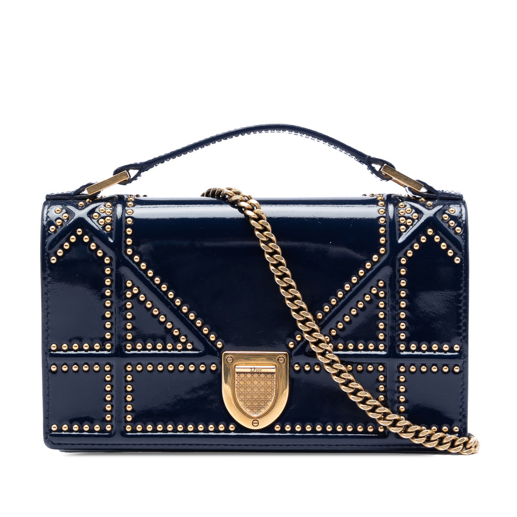 Patent Studded Diorama Top Handle Wallet on Chain