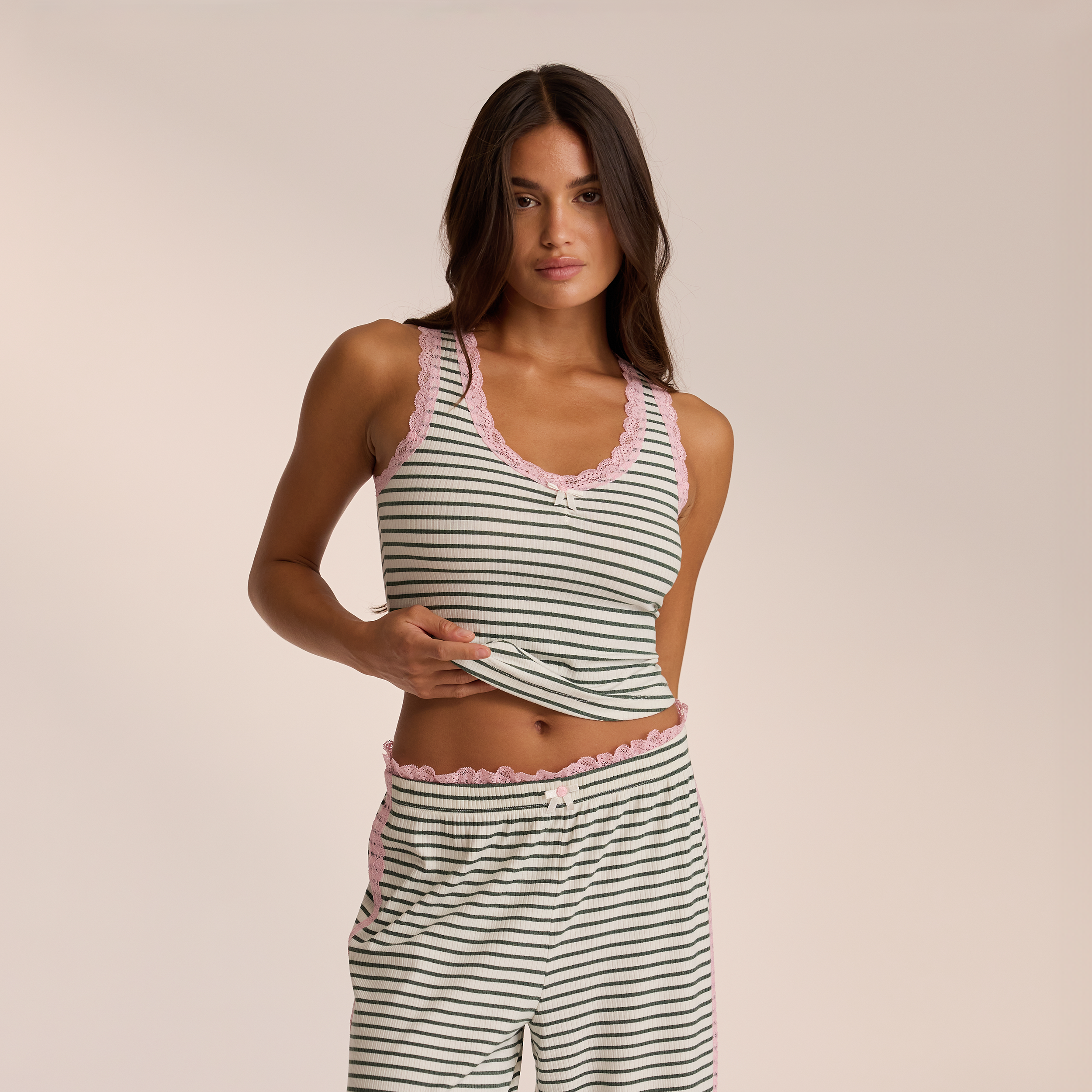 Lounge Underwear Lace Vest Pyjama Top - Green Stripe