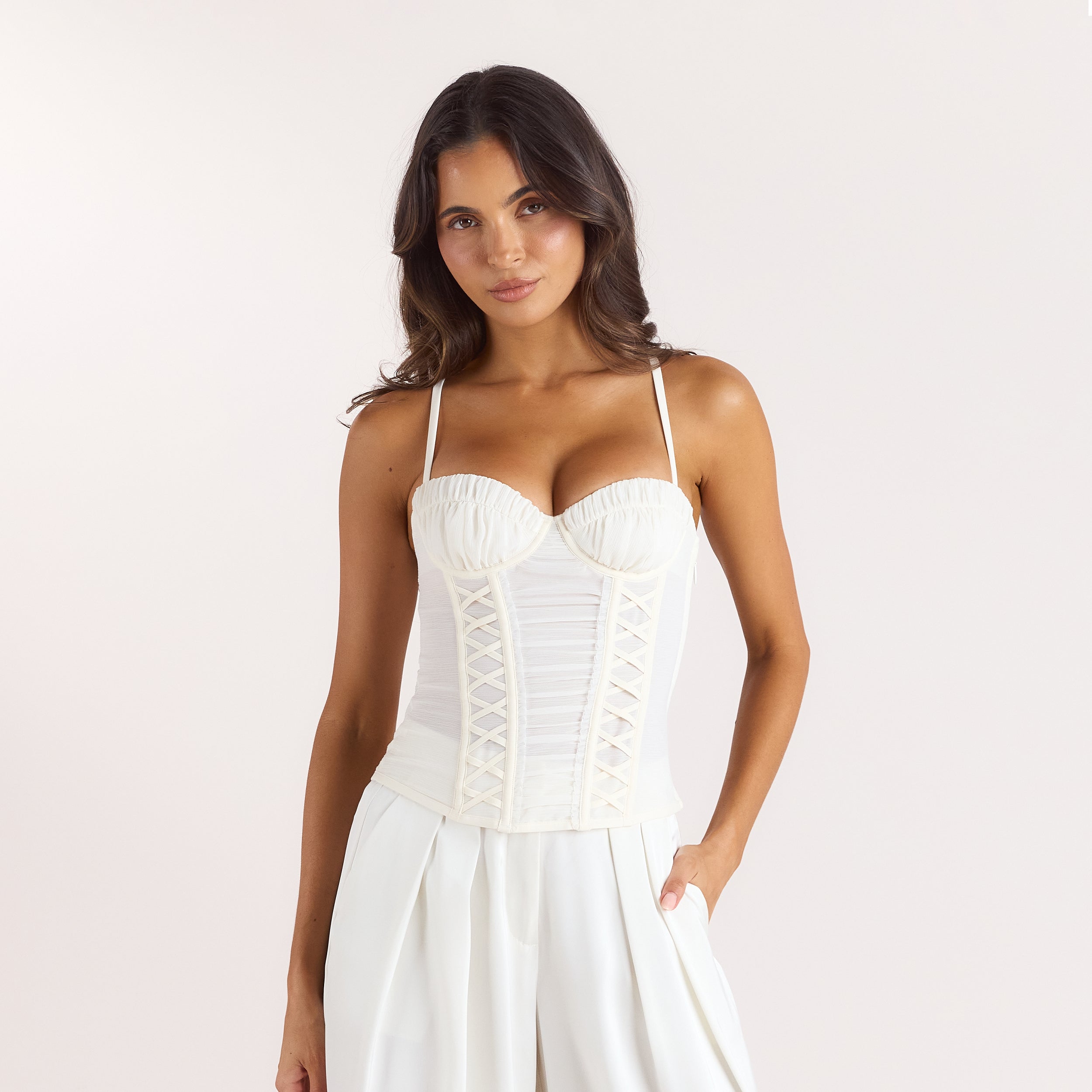 Lounge Underwear Ruched Sheer Corset Top - Cream