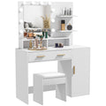 Vanity Desk with Stool, Makeup Vanity Set with 10 LED Bulbs & 3 Open Shelves, White