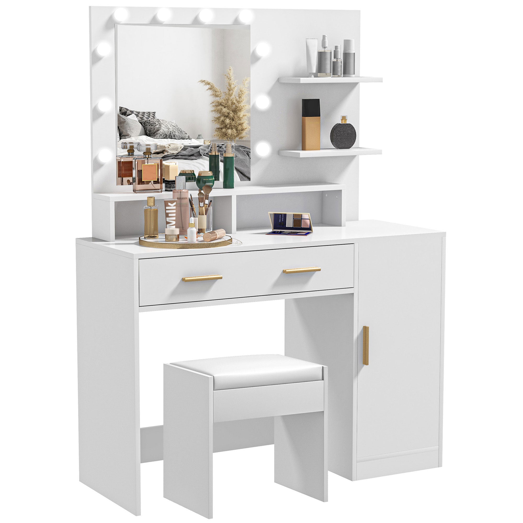 Vanity Desk with Stool, Makeup Vanity Set with 10 LED Bulbs & 3 Open Shelves, White
