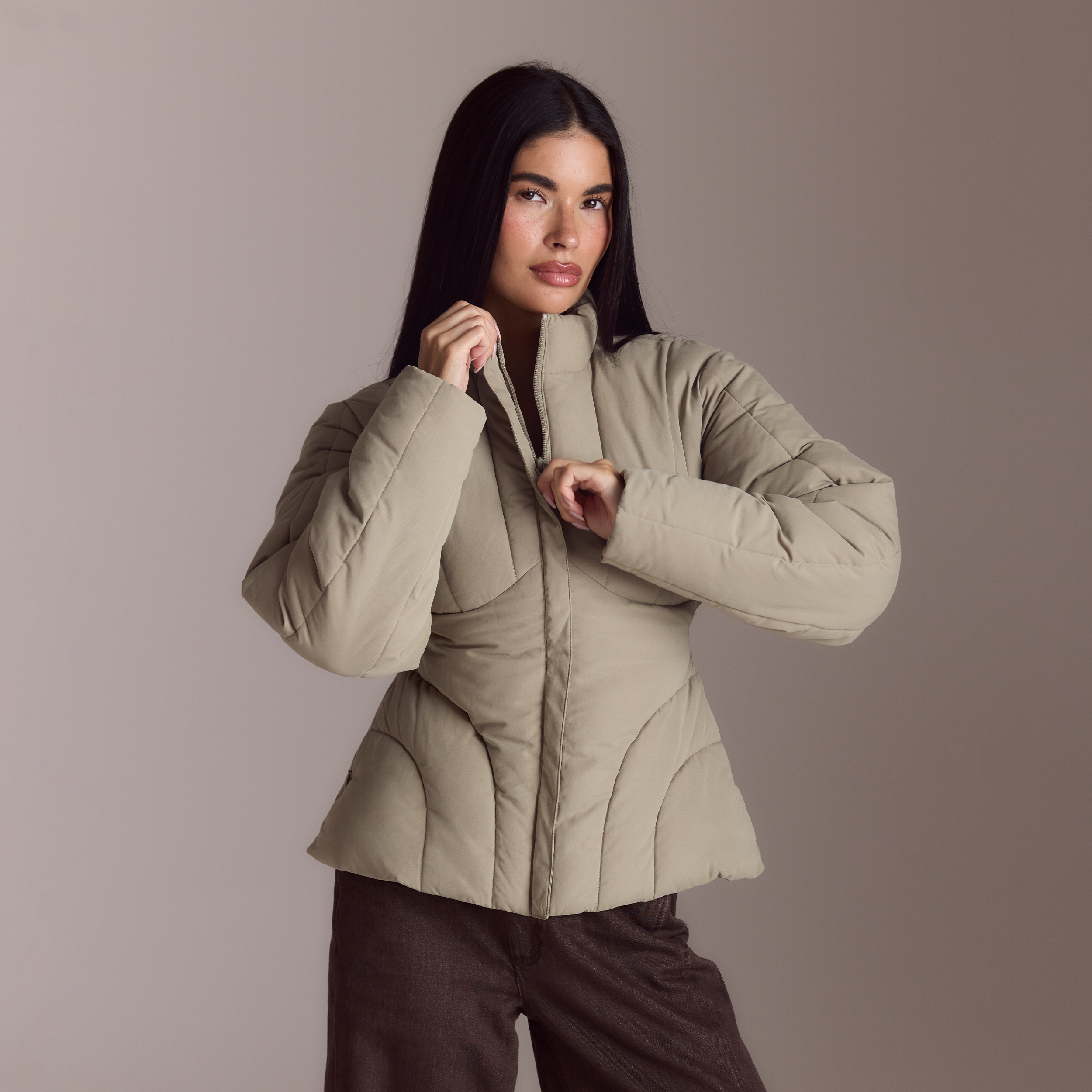Lounge Underwear Cinched Puffer Coat - Thyme