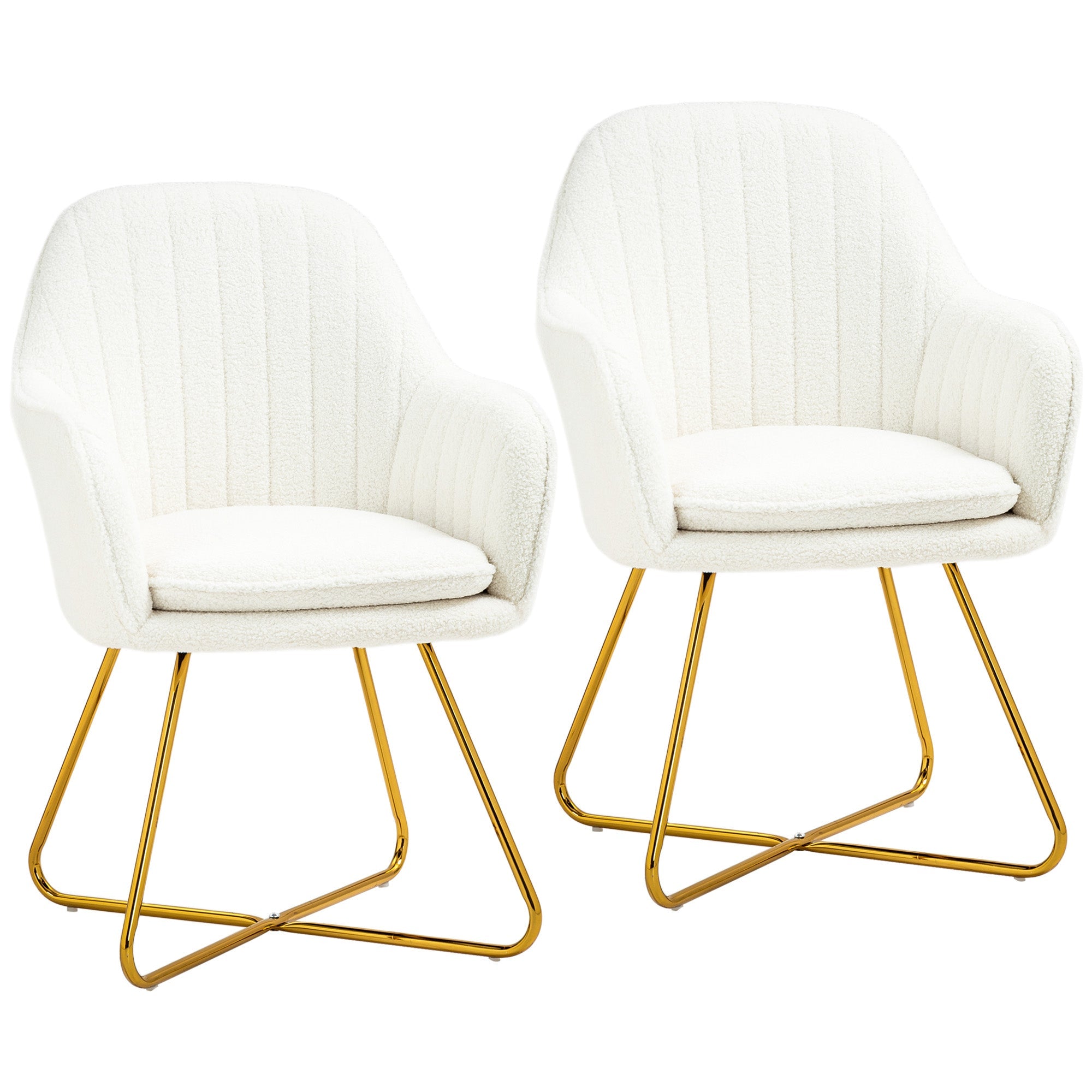 Modern Dining Chair Set of 2, Sherpa Fleece Armchair with Padded Seat, Cream White