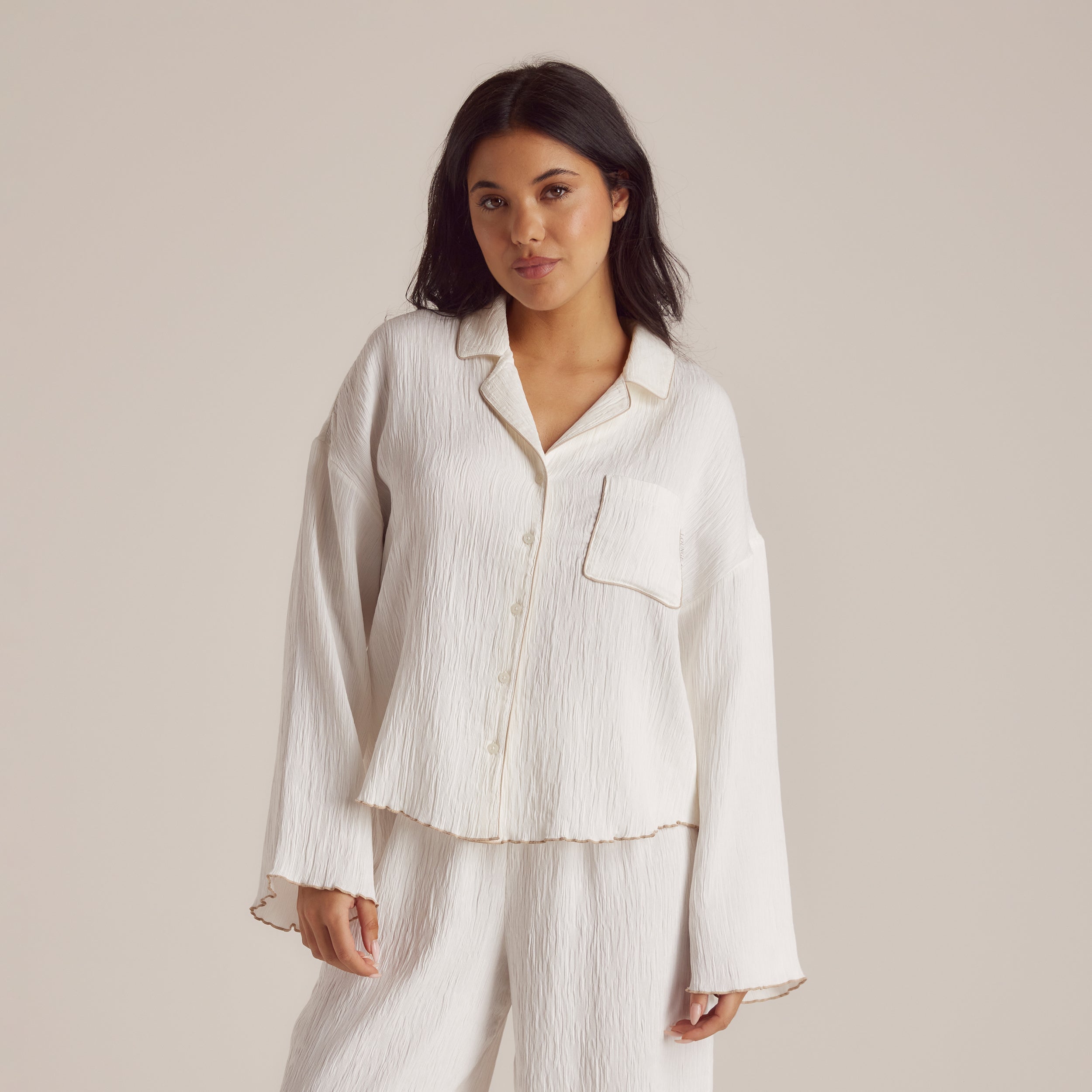 Lounge Underwear Crinkle Pyjama Shirt - White