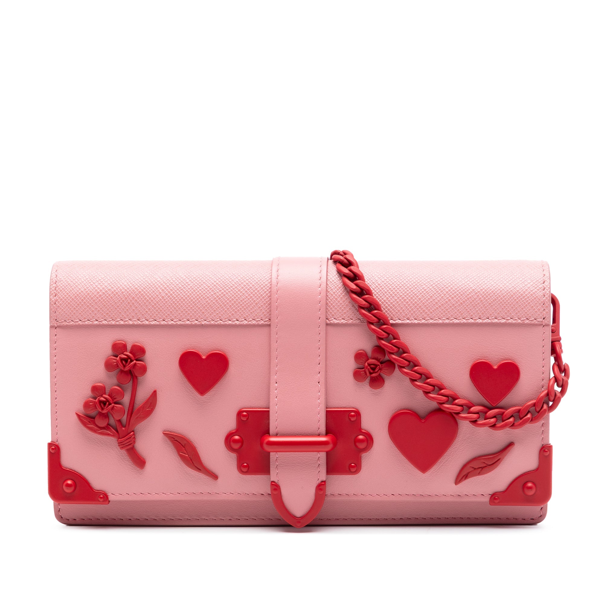 Saffiano Trimmed City Calf Cahier Heart and Flower Wallet on Chain