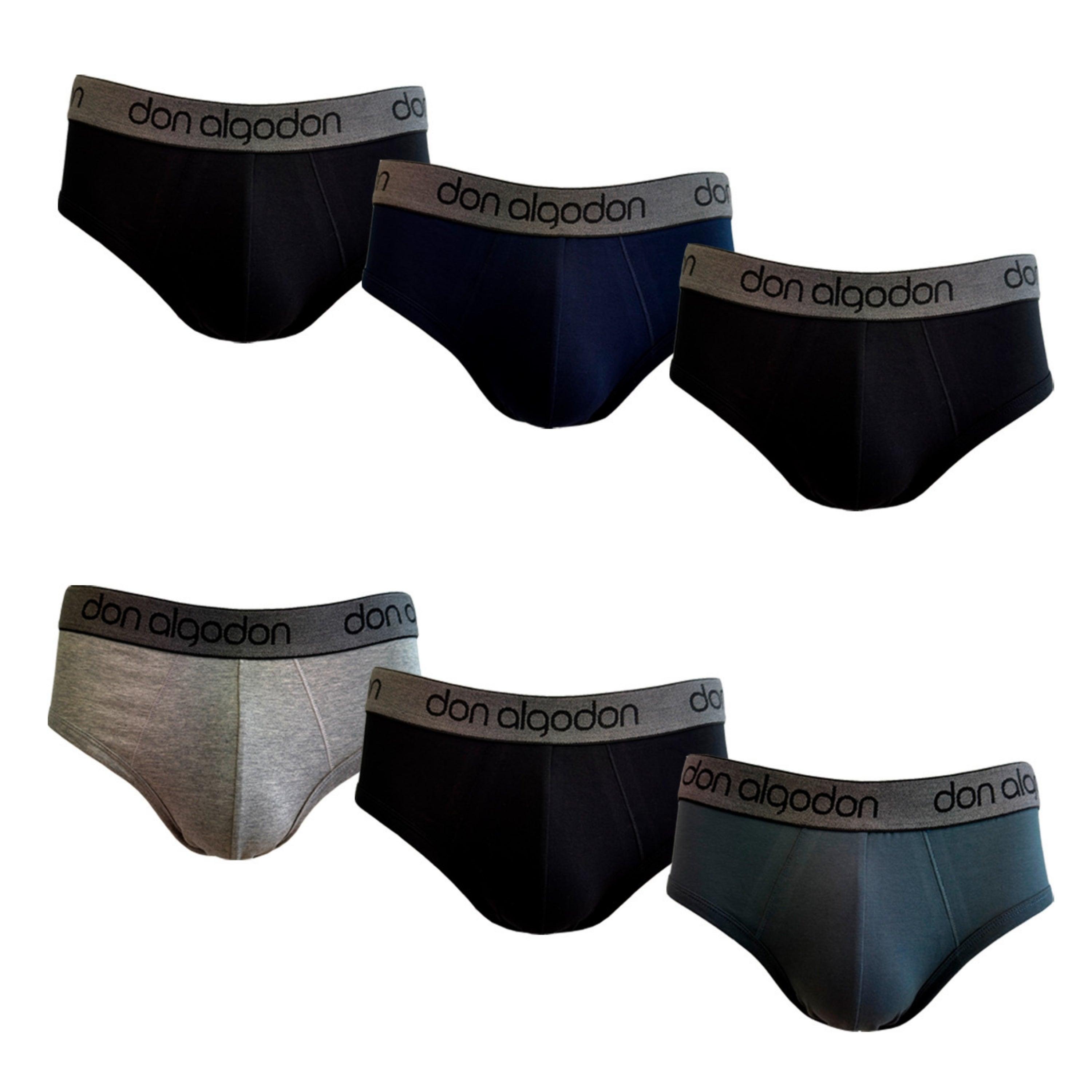 Don Algodon | Pack 6 Slips para Hombre Lisos | 3 Negros, 1 Marino, 1 Verde, 1 Gris | Transpirables