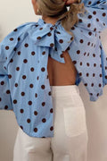 Lantern Long Sleeves Bow Back Slit Polka Dot Top