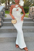 Halter Cut Out Floral Crochet Maxi Dress