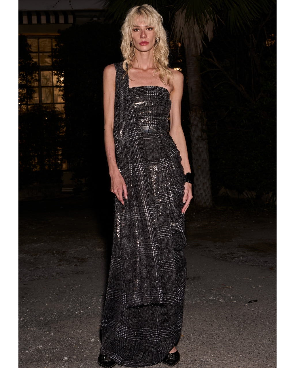 Houndstooth Sequin Sari-Drape Gown By KYNAH, Luxury Indian Fashion & Bridal Wear