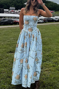Spaghetti Strap Waisted Floral Print A-line Maxi Dress