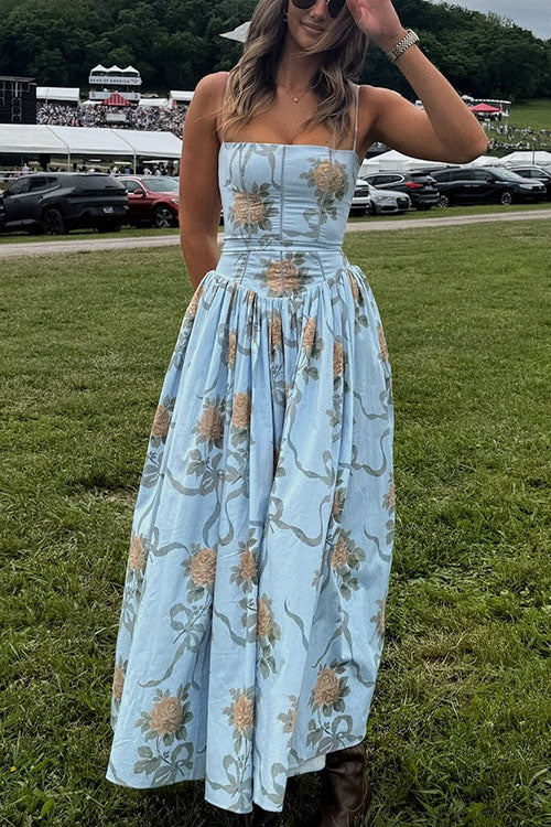 Spaghetti Strap Waisted Floral Print A-line Maxi Dress