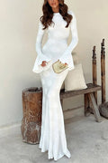 Bell Long Sleeves Backless Lace-up Shell Print Maxi Dress
