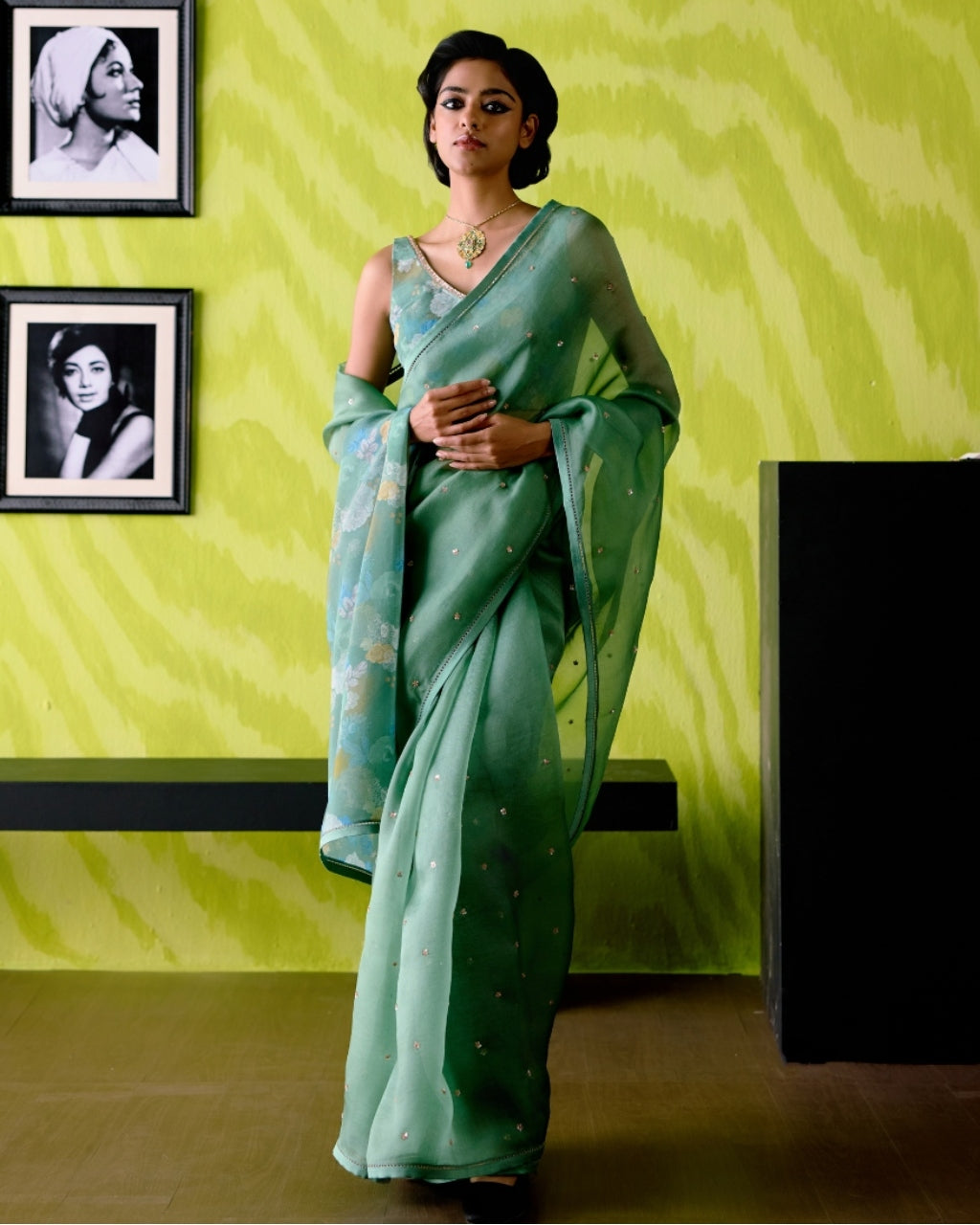Green Apple Organza Sari With Blouse Set By KYNAH, Luxury Indian Fashion & Bridal Wear