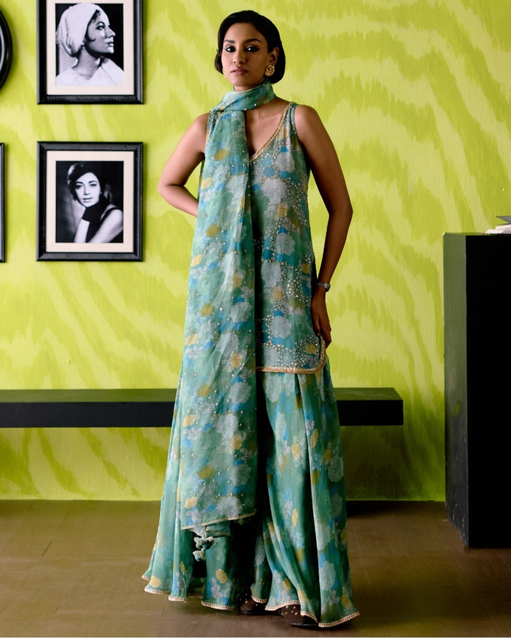 Green Apple Floral Print Short Kurta Set By KYNAH, Luxury Indian Fashion & Bridal Wear
