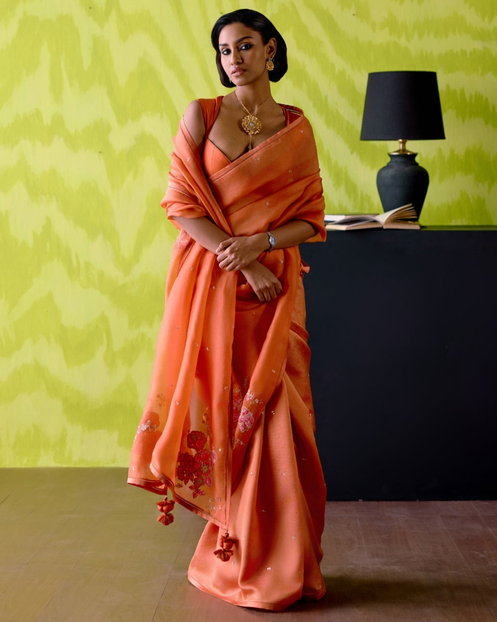 Rust Orange Sari With Blouse Set By KYNAH, Luxury Indian Fashion & Bridal Wear