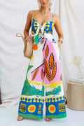 Spaghetti Strap Cut Out Unique Print Wide Leg Jumpsuit