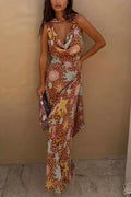 Cowl Neck Open Back Printed Maxi Dress with Scarf