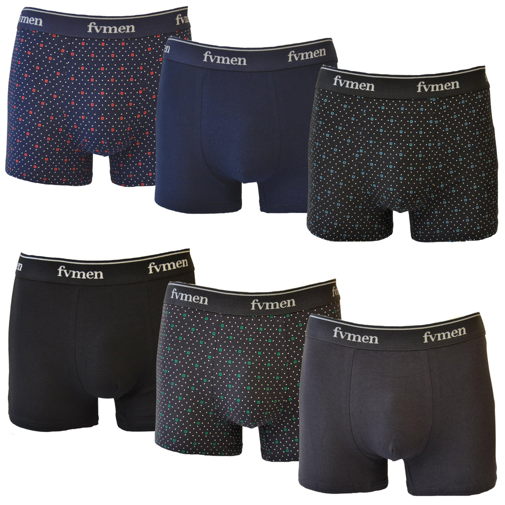 FEVI | Pack de 6 Boxers | 95% Algodón | 3 Lisos y 3 Estampados | Colores : Negro, Gris y Marino | Transpirables