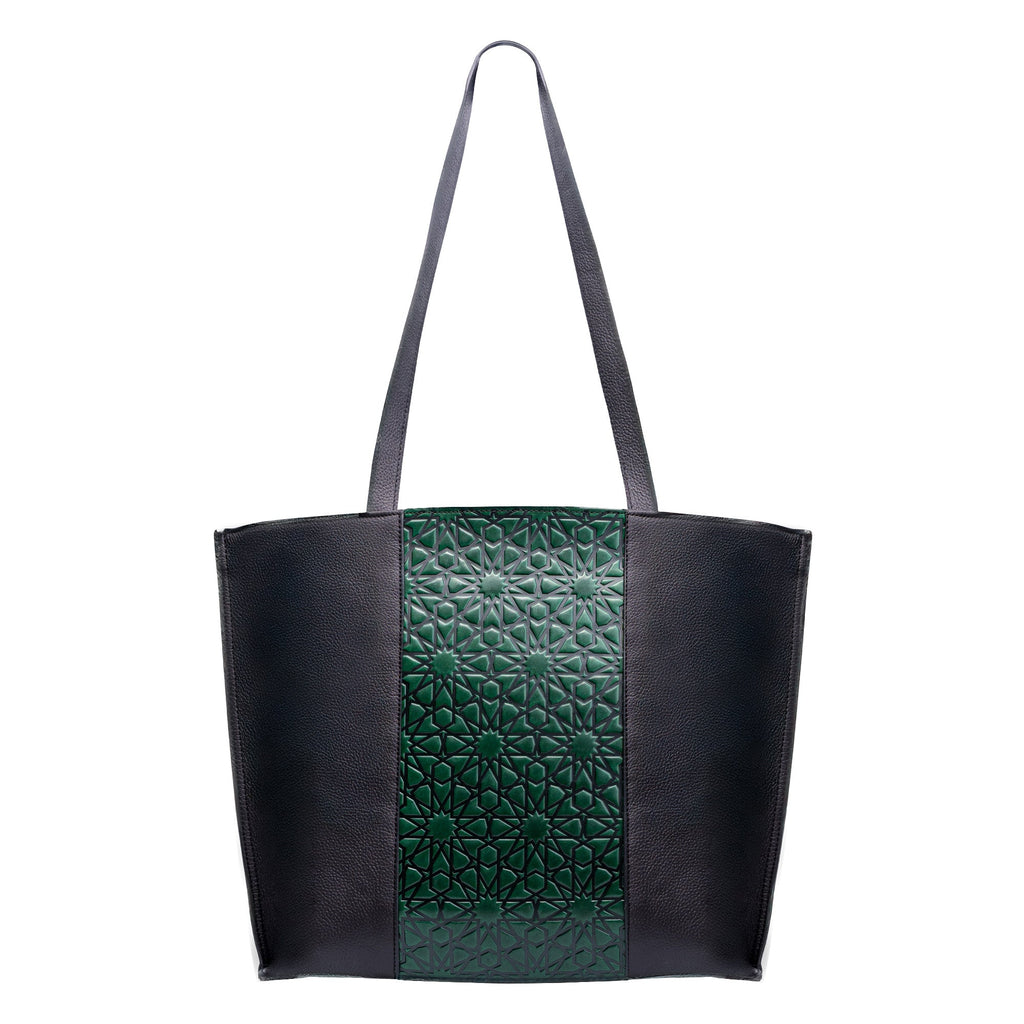 Leather Tote Bag Green and Black - Alhambra Pattern Embossed