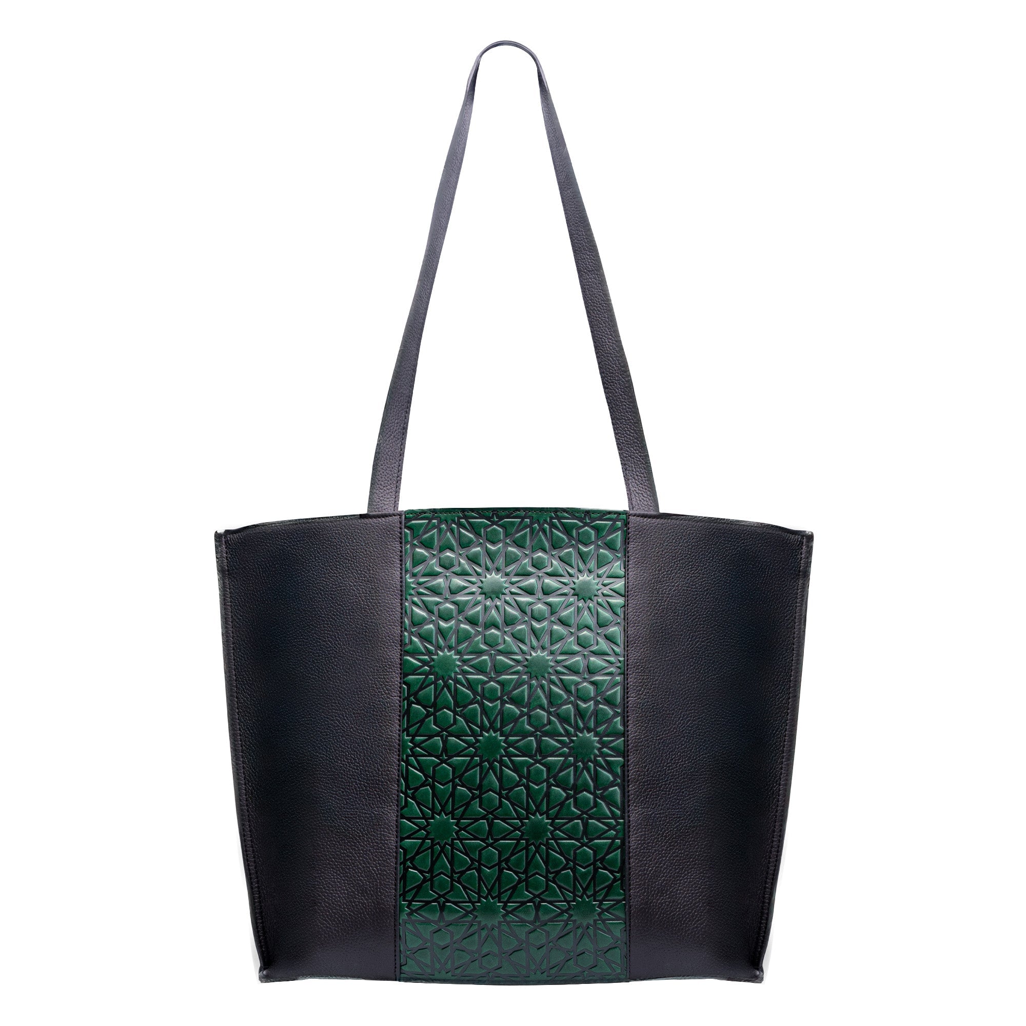 Leather Tote Bag Green and Black - Alhambra Pattern Embossed