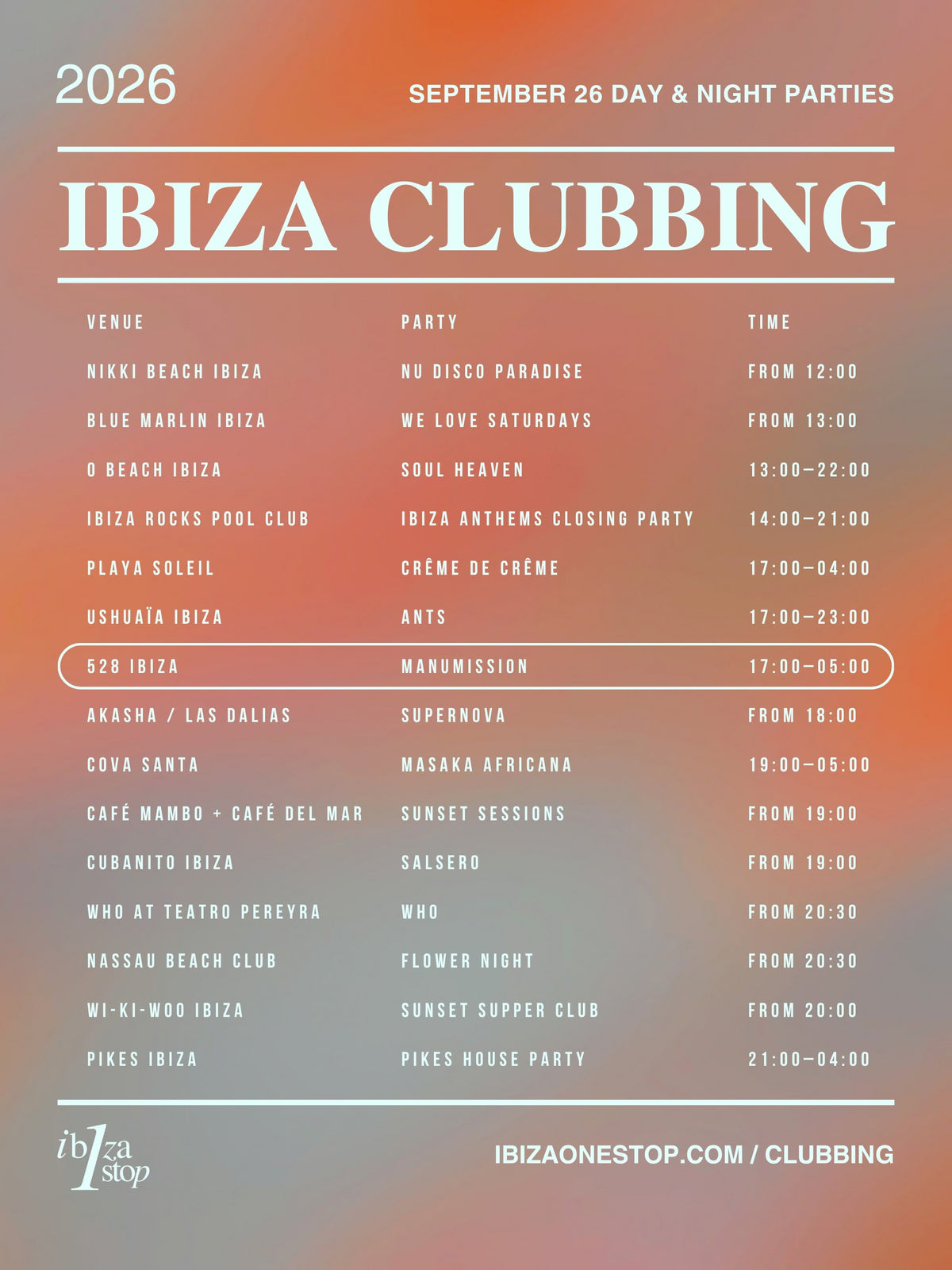 September 26, 2026 Ibiza Parties at UNVRS, Amnesia, Pacha, Ushuaïa, Hï Ibiza, Chinois, 528 Ibiza & More: elrow, Paul van Dyk, Robin Schulz, Black Coffee, Maceo Plex & More