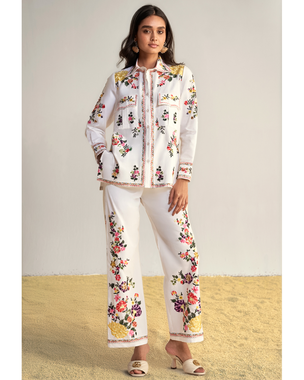 Placement Floral Embroidered Poplin Pant Set By KYNAH, Luxury Indian Fashion & Bridal Wear