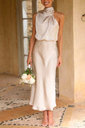 Solid Halter Waisted Irregular Sleeveless Dress