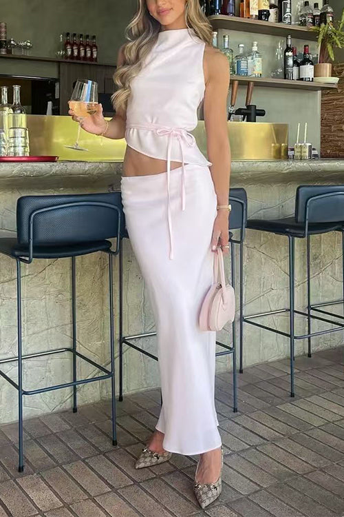 Mockneck Sleeveless Irregular Hem Top Low Rise Maxi Skirt Set