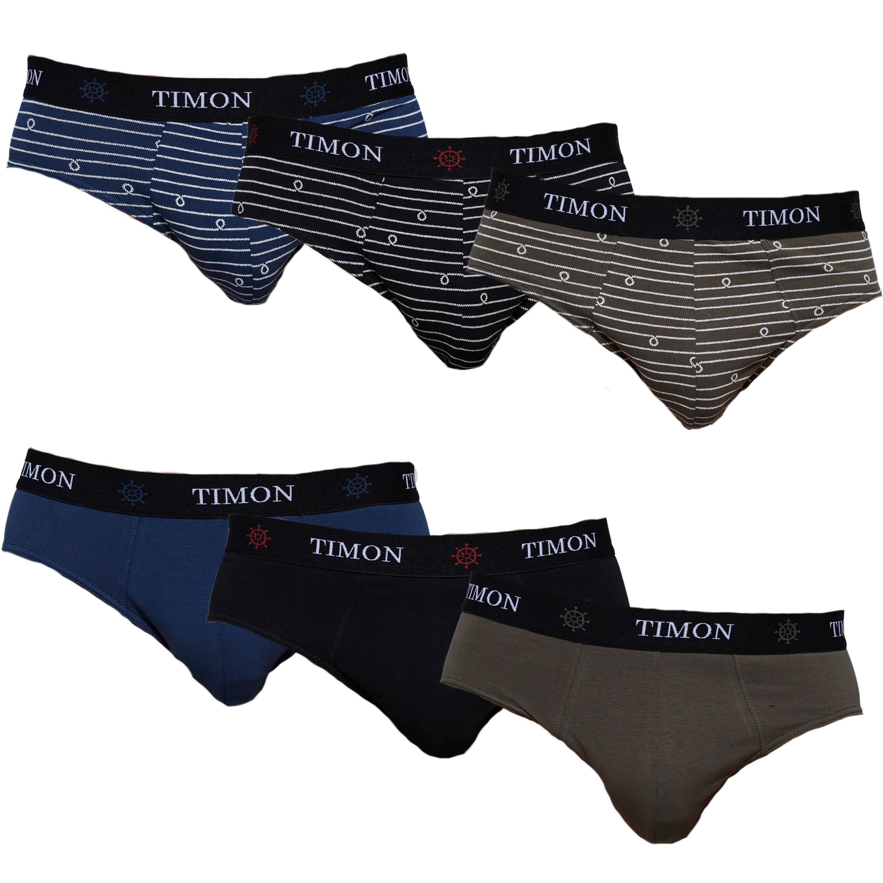 TIMON | Pack de 6 Slips Para Hombre | 93 % Algodón | 3 Colores: Negro, Marino, Verde y 3 Estampados con Líneas | Cintura Elástica | Máximo Confort | 5 Tallas: S, M, L, XL, XXL