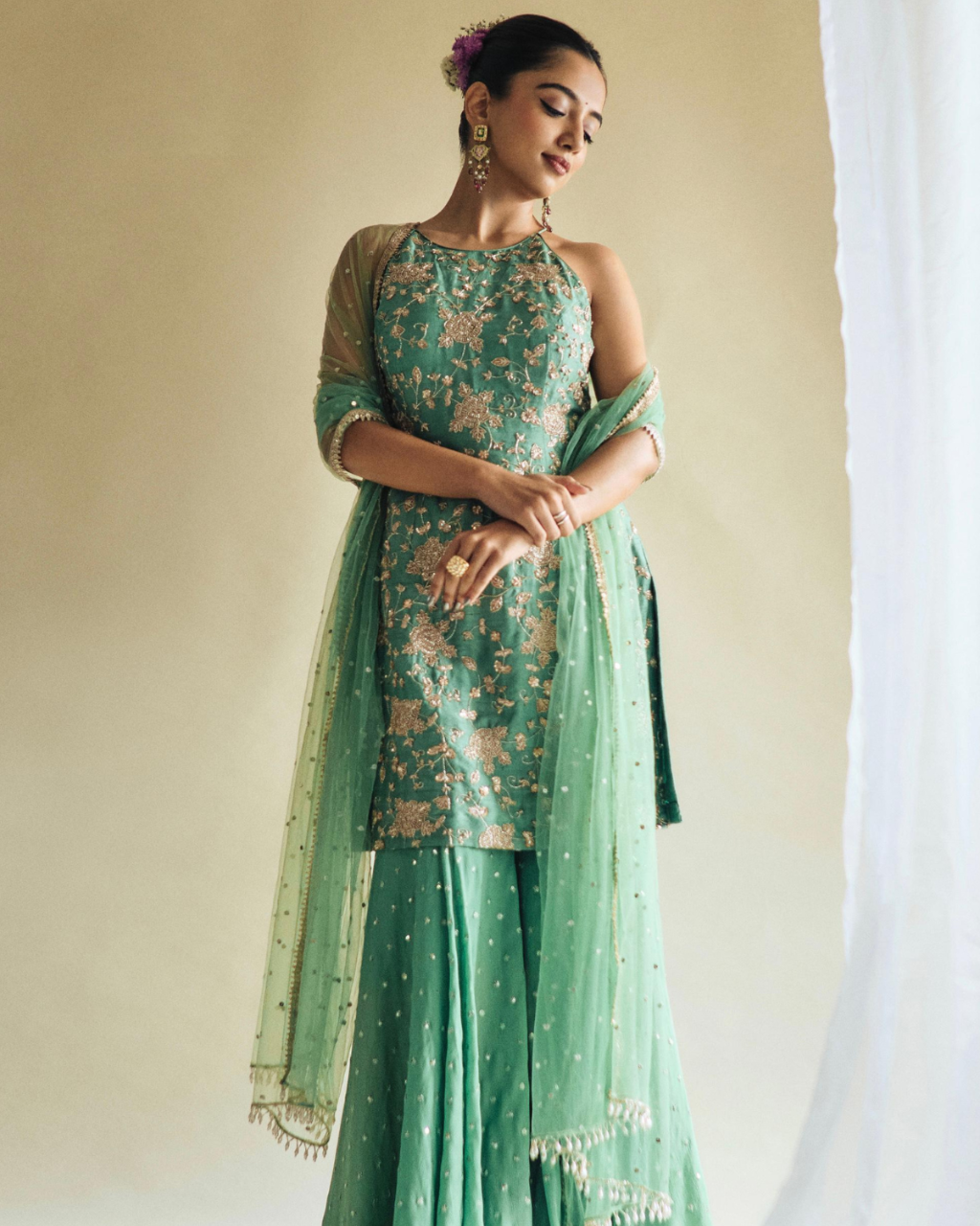 Green Mehek Palazzo Sharara Set By KYNAH, Luxury Indian Fashion & Bridal Wear