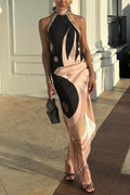 Halter Neck Open Back Asymmetric Hem Printed Satin Midi Dress