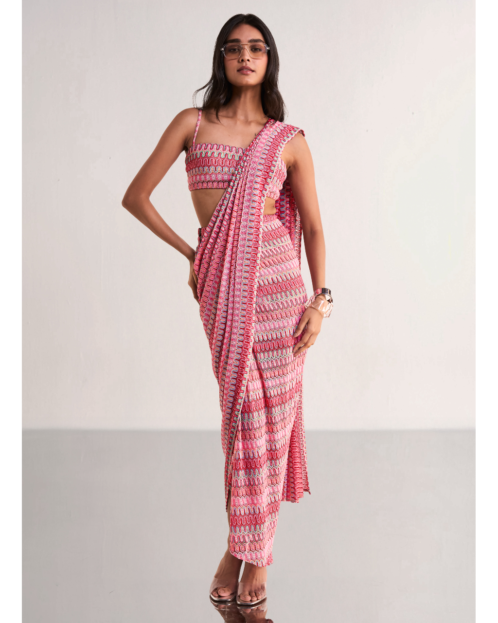 Crochet Knit Bandeau Bralette & Sari Drape Skirt By KYNAH, Luxury Indian Fashion & Bridal Wear
